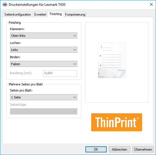 Finishing-Optionen im Druckdialog des ThinPrint Output Gateways
