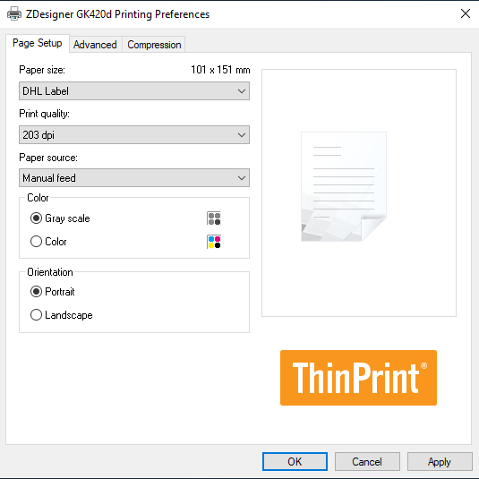 Print settings for label printing