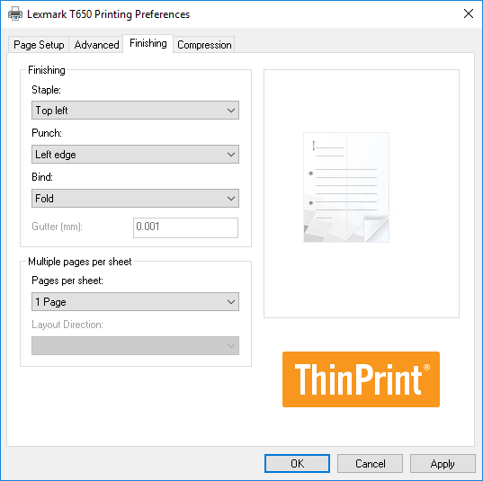 Finishing options in the print dialog box of ThinPrint Output Gateway